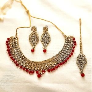NEW:Ruby beads Golden Necklace, Indian Ethnic Jewelry Set 4 Piece|Free Shipping